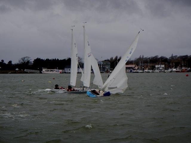 Mark Downer and Mark Lees starting with Colin Simonds entering the pre-start area during the Bembridge Illusions Match Racing photo copyright Mike Samuelson taken at Bembridge Sailing Club and featuring the Illusion class
