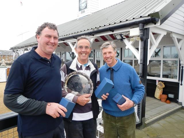 (l-r) Mark Downer (2nd), Raymond Simonds (1st) & Bruce Huber (3rd) in the Illusion Spring Plate at Bembridge photo copyright Mike Samuelson taken at Bembridge Sailing Club and featuring the Illusion class