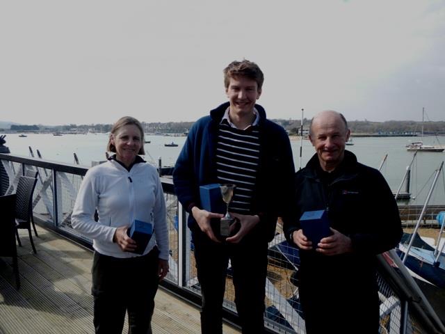 Julia Bailey (2nd), Xander Shaw (1st) & Andy Christie (3rd) in\ the Illusion Easter Egg Trophy at Bembridge photo copyright Mike Samuelson taken at Bembridge Sailing Club and featuring the Illusion class