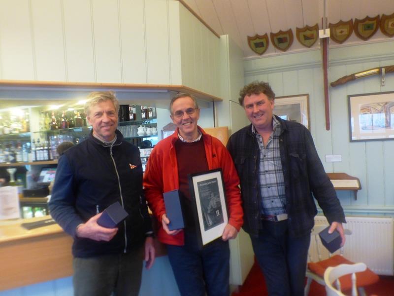 Bembridge Illusion January Jacket top three (l-r) Bruce Huber (3rd), Raymond Simonds (1st), Mark Downer (2nd) photo copyright Mike Samuelson taken at Bembridge Sailing Club and featuring the Illusion class