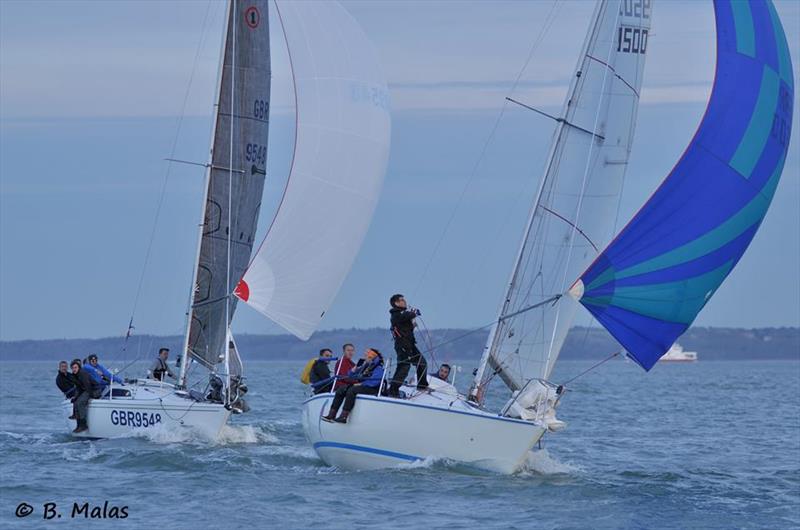 Vlad chases Polly during Hamble River Wednesday Night Series - Early Bird Series race 4 photo copyright Bertrand Malas taken at Hamble River Sailing Club and featuring the Impala 28 class