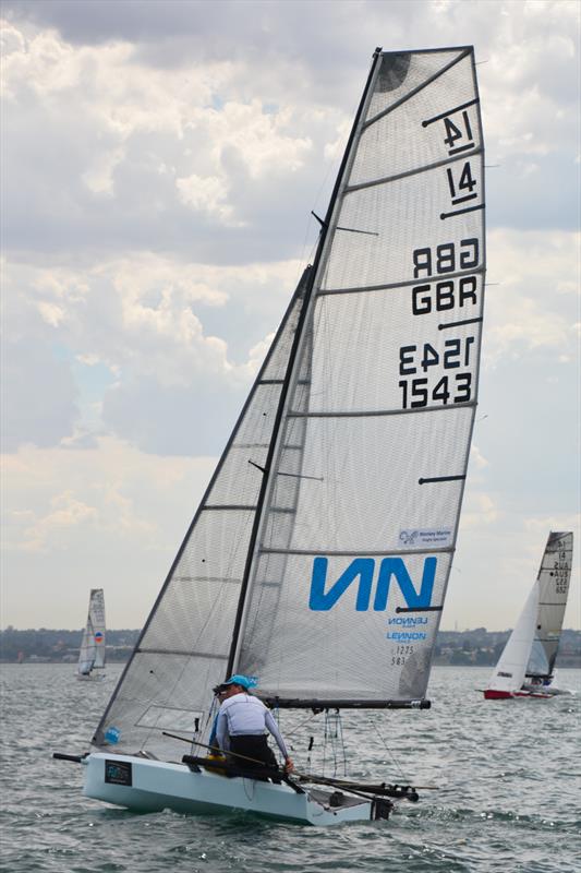 Britain's Glen Truswell and Sam Pascoe wait out the soft breeze in the International 14 Worlds Practice Race in Geelong photo copyright Rhenny Cunningham / Sailing Shots taken at Royal Geelong Yacht Club and featuring the International 14 class