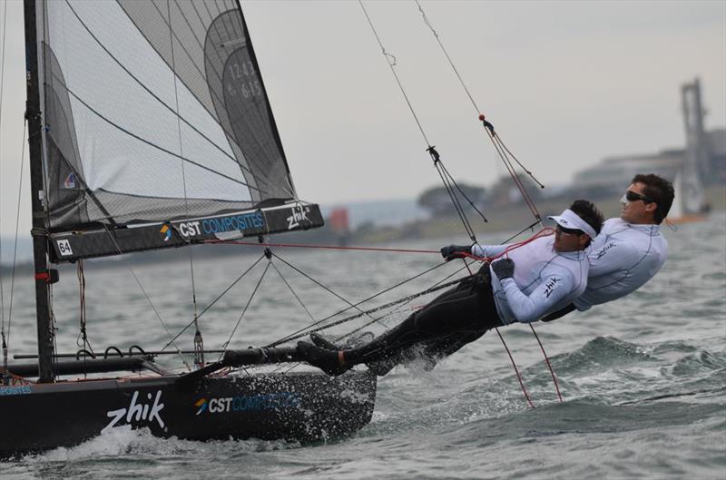 Four time World Champion Archie Massey and new crew Harvey Hillary were always in contention on day 1 of the International 14 Worlds in Geelong photo copyright Rhenny Cunningham / Sailing Shots taken at Royal Geelong Yacht Club and featuring the International 14 class