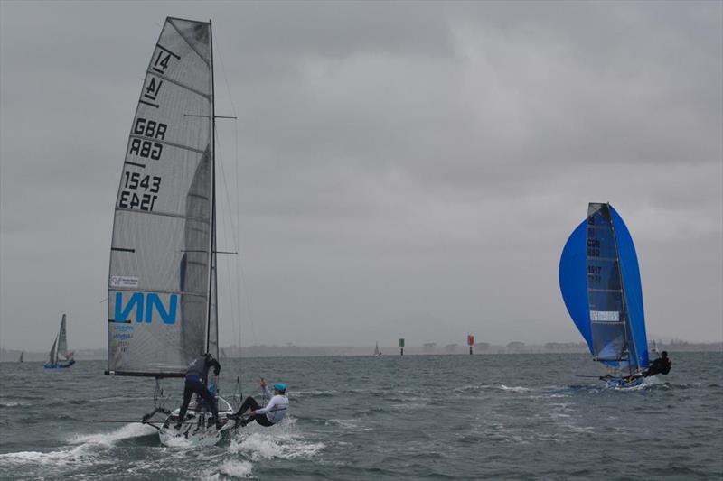 Ben McGrane and James Hughes worked hard to keep Glen Truswell and Sam Pascoe at bay on day 2 of the International 14 Worlds in Geelong photo copyright Rhenny Cunningham / Sailing Shots taken at Royal Geelong Yacht Club and featuring the International 14 class