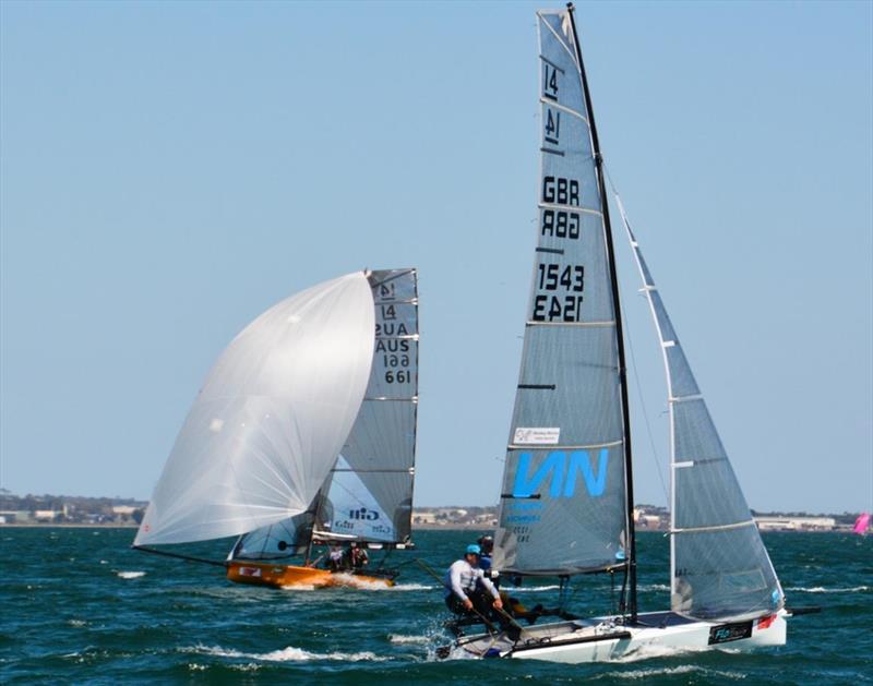 Britain's Glen Truswell holds out Australia's Brad Devine to take another race win on day 4 of the International 14 Worlds in Geelong photo copyright Rhenny Cunningham / Sailing Shots taken at Royal Geelong Yacht Club and featuring the International 14 class