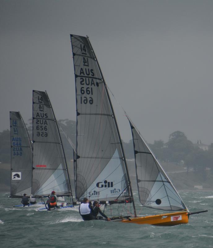 Brad Devine and Ian Furlong (AUS) are into equal third place after consistent sailing at the International 14 Worlds in Geelong photo copyright Rhenny Cunningham / Sailing Shots taken at Royal Geelong Yacht Club and featuring the International 14 class