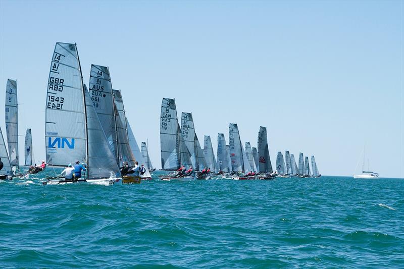 Geelong Worlds start photo copyright Rhenny Cunningham taken at Royal Geelong Yacht Club and featuring the International 14 class