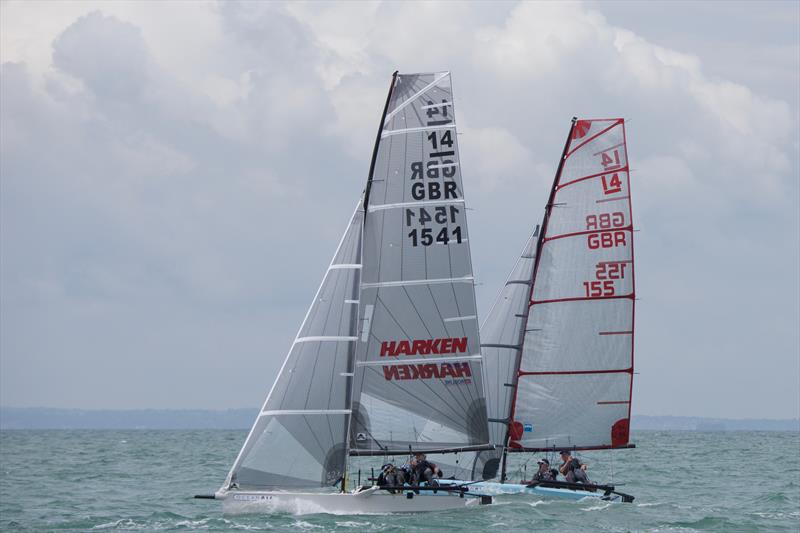 Roger Gilbert & Ben McGrane (1541) battle with Stuart Bithell & Sam Pascoe (155) at International 14 Prince of Wales Cup Week photo copyright Mary Pudney taken at Hayling Island Sailing Club and featuring the International 14 class