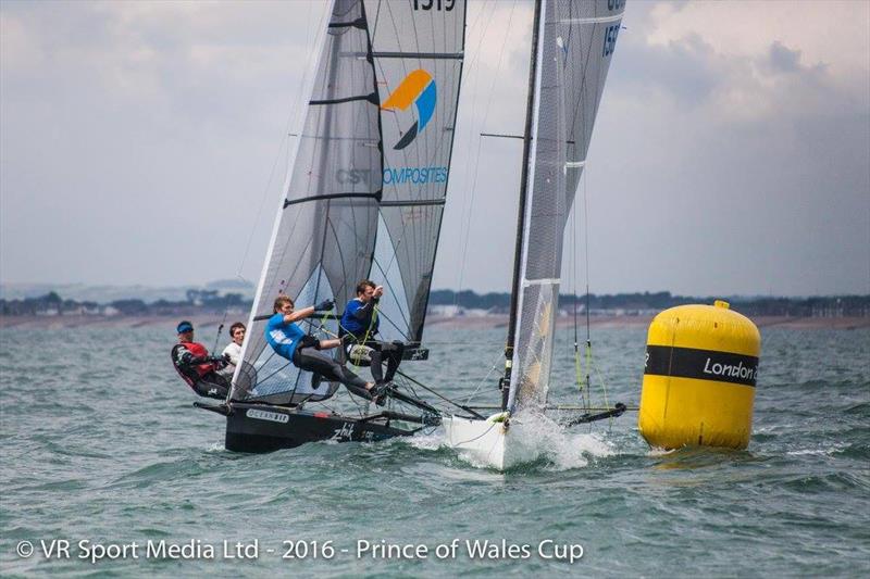 Archie Massey & Harvey Hillary (left) and Neale Jones & Ed Fitzgerald (right) during the 2016 Prince of Wales Cup photo copyright VR Sport Media taken at Hayling Island Sailing Club and featuring the International 14 class