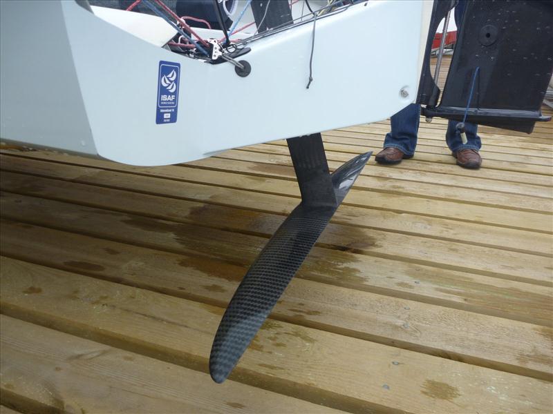 Glen Truswell’s revolutionary hydrofoil support strut/prep foil system at the International 14 Easter Tray photo copyright Andrew Penman taken at Itchenor Sailing Club and featuring the International 14 class