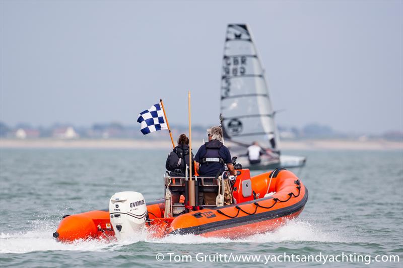 Rob Greenhalgh leading an abandoned race on day 2 of the International Moth World Championships photo copyright Tom Gruitt / yachtsandyachting.com taken at Hayling Island Sailing Club and featuring the International Moth class