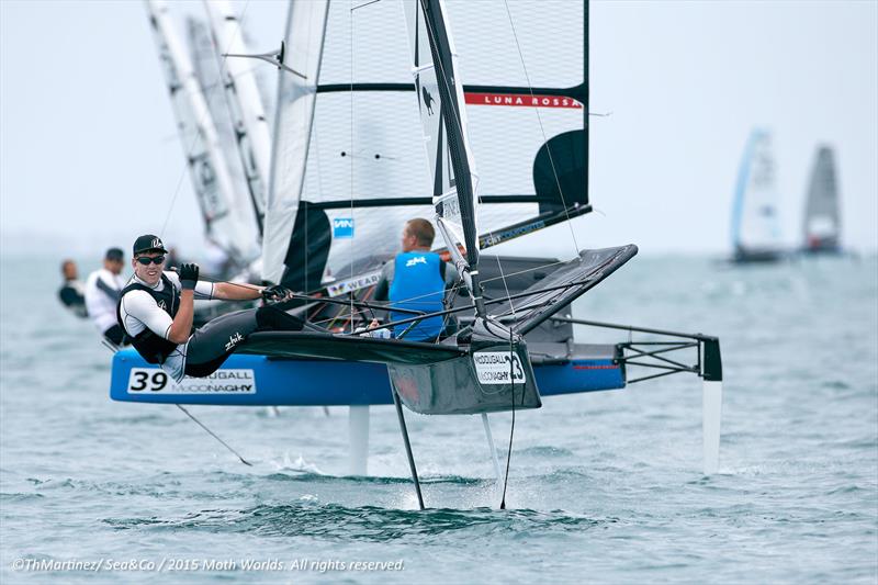 Peter Burling crosses Chris Draper on day 1 of the 2015 McDougall   McConaghy International Moth Worlds photo copyright Th. Martinez / Sea&Co / 2015 Moth Worlds taken at Sorrento Sailing Couta Boat Club and featuring the International Moth class