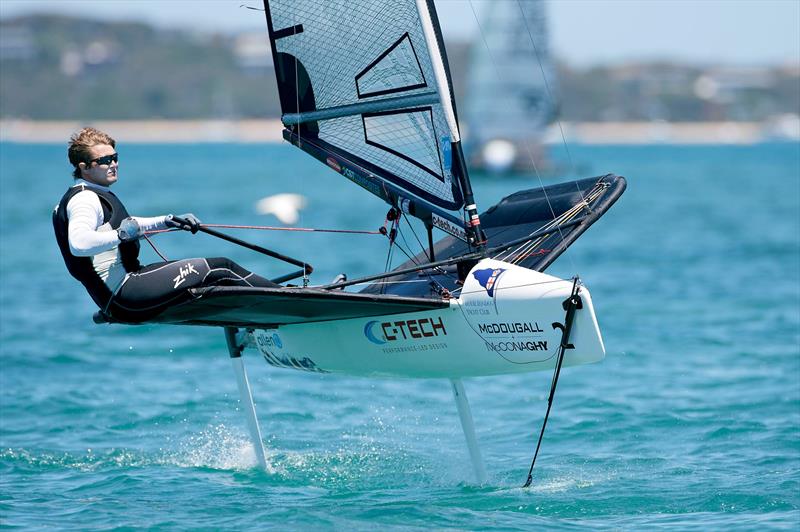 Chris Rashley (GBR) has not let disc problems distract him at the 2015 McDougall   McConaghy International Moth Worlds photo copyright Th. Martinez / Sea&Co / 2015 Moth Worlds taken at Sorrento Sailing Couta Boat Club and featuring the International Moth class