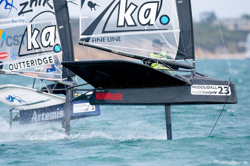 Nathan Outteridge (AUS) and Peter Burling (NZL) go head to head during the 2015 McDougall   McConaghy International Moth Worlds photo copyright Th. Martinez / Sea&Co / 2015 Moth Worlds taken at Sorrento Sailing Couta Boat Club and featuring the International Moth class