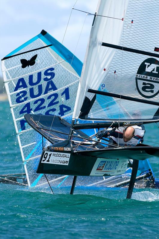 Ben Moon (USA) escapes but Brent Pearson (AUS) capsizes on the penultimate day of the 2015 McDougall   McConaghy International Moth Worlds photo copyright Th. Martinez / Sea&Co / 2015 Moth Worlds taken at Sorrento Sailing Couta Boat Club and featuring the International Moth class