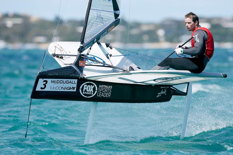 Josh McKnight (AUS) before he broke his boom on the final day of the 2015 McDougall   McConaghy International Moth Worlds photo copyright Th. Martinez / Sea&Co / 2015 Moth Worlds taken at Sorrento Sailing Couta Boat Club and featuring the International Moth class