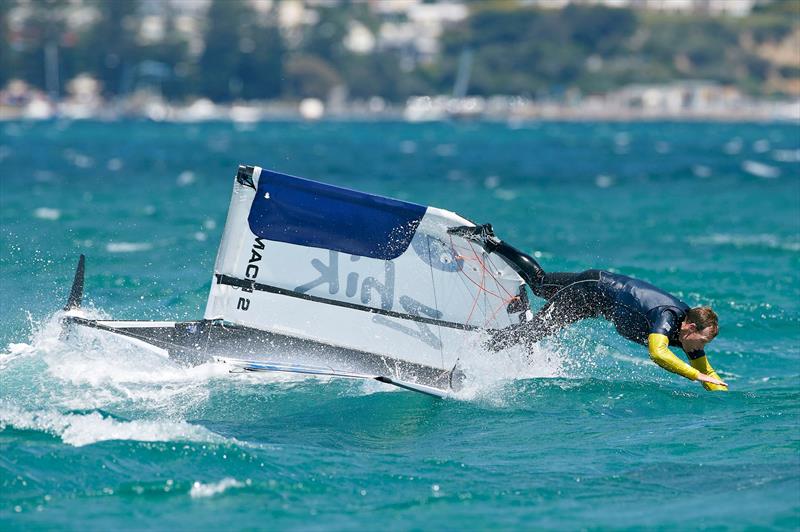 Paul Goodison (GBR) takes a quick dip on the final day of the 2015 McDougall   McConaghy International Moth Worlds photo copyright Th. Martinez / Sea&Co / 2015 Moth Worlds taken at Sorrento Sailing Couta Boat Club and featuring the International Moth class