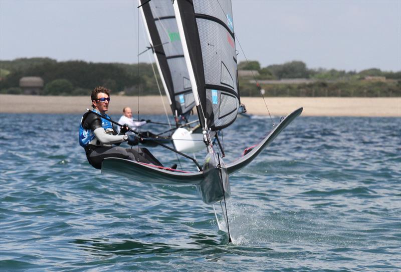 Dylan Fletcher on day 3 of the International Moth UK Nationals at Stokes Bay photo copyright Mark Jardine taken at Stokes Bay Sailing Club and featuring the International Moth class