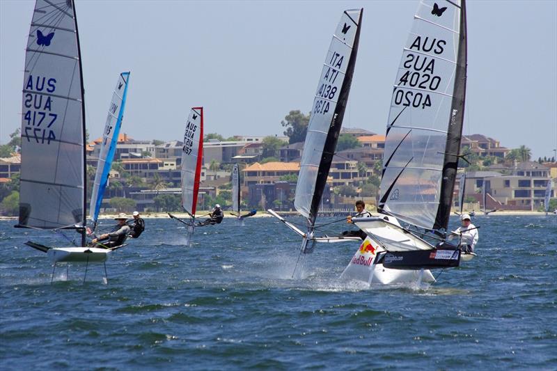 Foiling scow moth with the fleet on day 3 of the McDougall McConaghy 2016 International Moth Australian Championship photo copyright Rick Steuart / Perth Sailing Photography taken at South of Perth Yacht Club and featuring the International Moth class