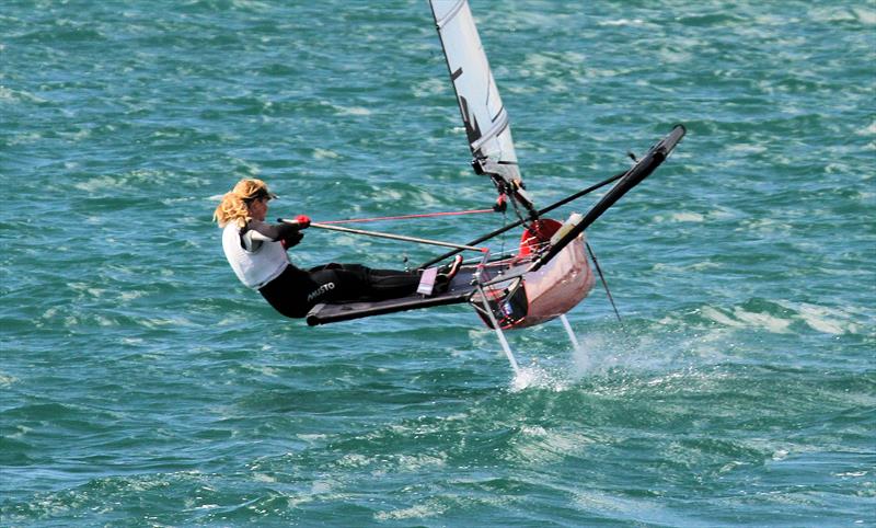 Penny Clark on day 3 of the VRsport.tv International Moth UK Nationals in Weymouth photo copyright Mark Jardine / IMCA UK taken at Weymouth & Portland Sailing Academy and featuring the International Moth class