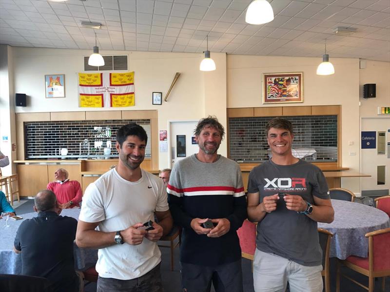 Weymouth International Moth Grand Prix podium (l-r) Kyle Stoneham (2nd), Simon Hiscocks (1st), Richard Mason (3rd) photo copyright IMCA UK taken at Weymouth & Portland Sailing Academy and featuring the International Moth class