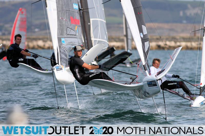 Dylan Fletcher hunts down Billy Vennis-Ozane on day 5 of the Wetsuit Outlet UK Moth Nationals photo copyright Mark Jardine / IMCA UK taken at Weymouth & Portland Sailing Academy and featuring the International Moth class