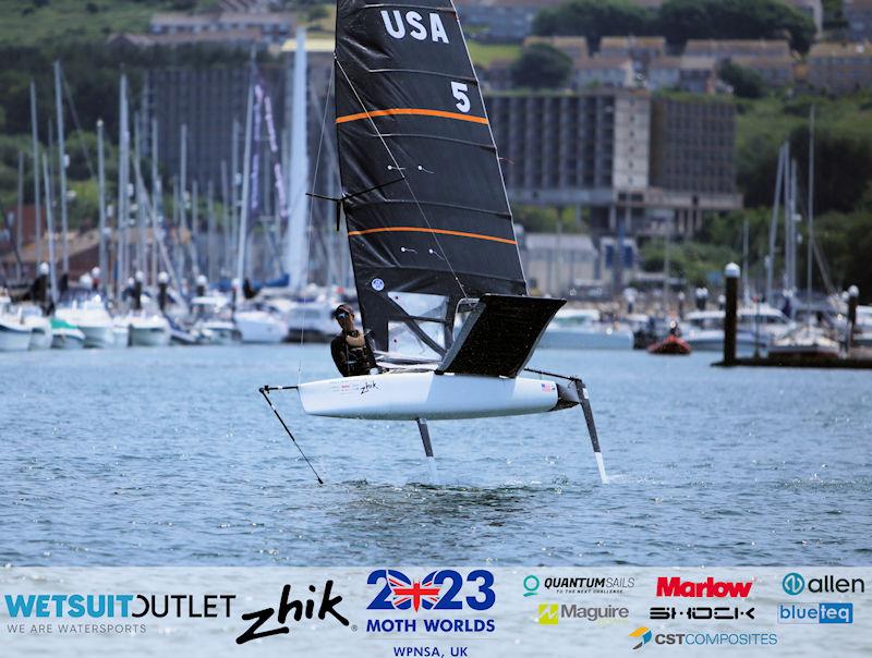 Richard Didham, USA 5, on day 5 of the Wetsuit Outlet and Zhik International Moth World Championship 2023 photo copyright Mark Jardine / IMCAUK taken at Weymouth & Portland Sailing Academy and featuring the International Moth class