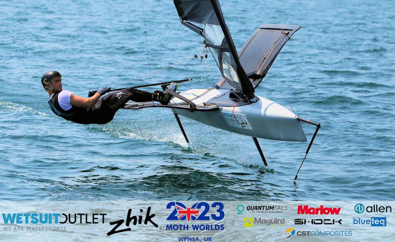 Jacob Pye, NZL 4841, on day 5 of the Wetsuit Outlet and Zhik International Moth World Championship 2023 photo copyright Mark Jardine / IMCAUK taken at Weymouth & Portland Sailing Academy and featuring the International Moth class