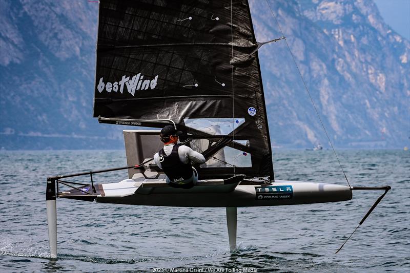 Local talent Simone Salvà from Fraglia Vela Malcesine at 10th Anniversary Foiling Week photo copyright Martina Orsini / We Are Foiling Media taken at Fraglia Vela Malcesine and featuring the International Moth class