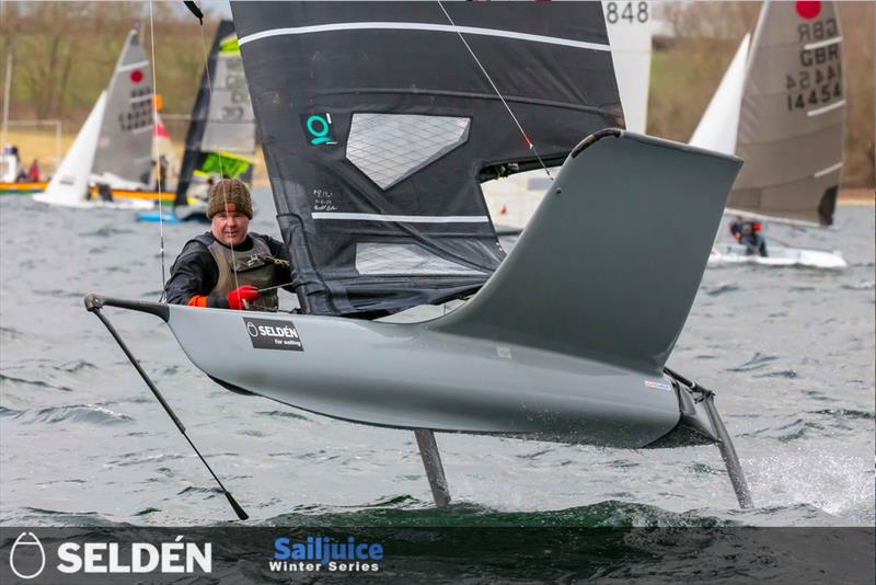Gareth Davies wins Race 1 in the Tiger Trophy 2024, as part of the Seldén Sailjuice Winter Series photo copyright Tim Olin / www.olinphoto.co.uk taken at Rutland Sailing Club and featuring the International Moth class