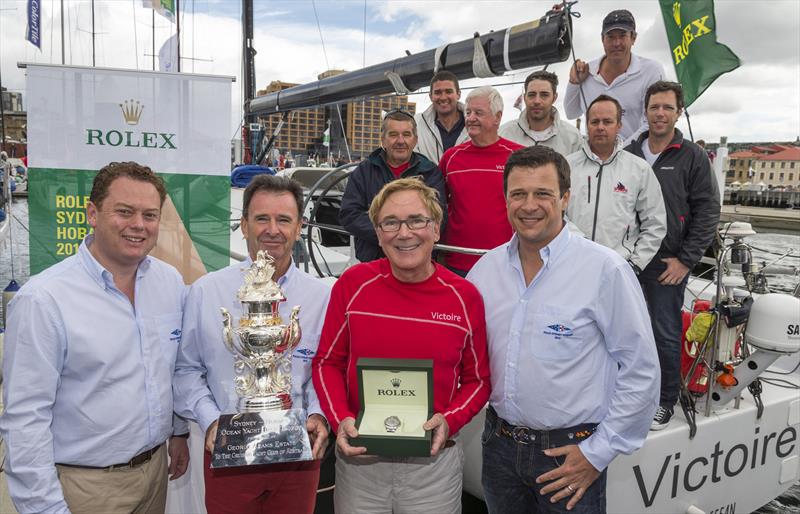 Darryl Hodgkinson received the Tattersall Cup and Rolex timepiece from RYCT Commodore Richard Batt (far left), CYCA Commodore Howard Piggott (second from left) and Patrick Boutellier, Rolex Australia (far right) photo copyright Carlo Borlenghi / Rolex taken at Cruising Yacht Club of Australia and featuring the IRC class