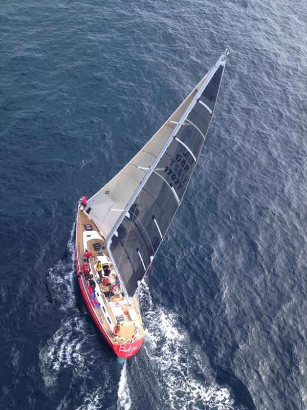 Scarlet Logic taken from Helicopter with thanks to Sailing Logic in the Sevenstar Round Britain and Ireland Race photo copyright Sailing Logic taken at Royal Ocean Racing Club and featuring the IRC class
