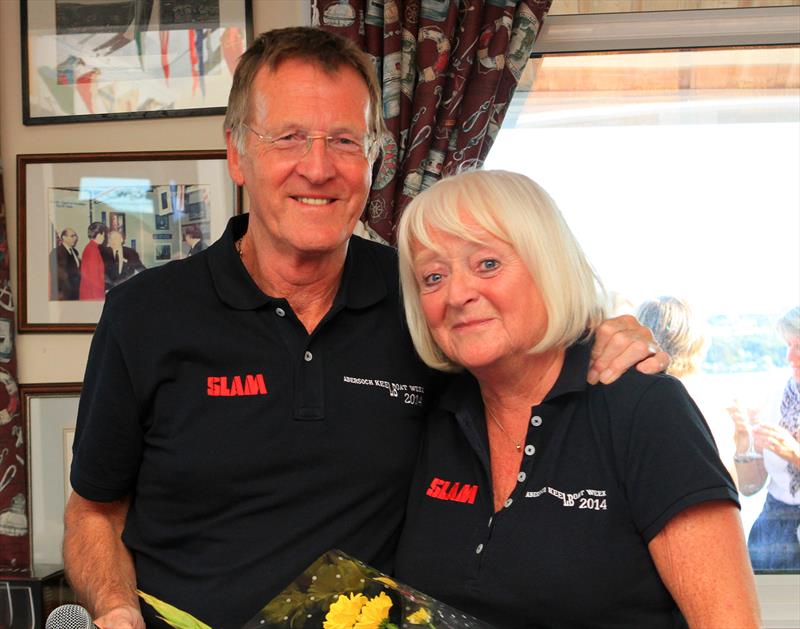 Paul Proctor with wife Sue after the prizegiving at Abersoch Keelboat Week 2014 - photo © Andy Green / www.greenseaphotography.co.uk