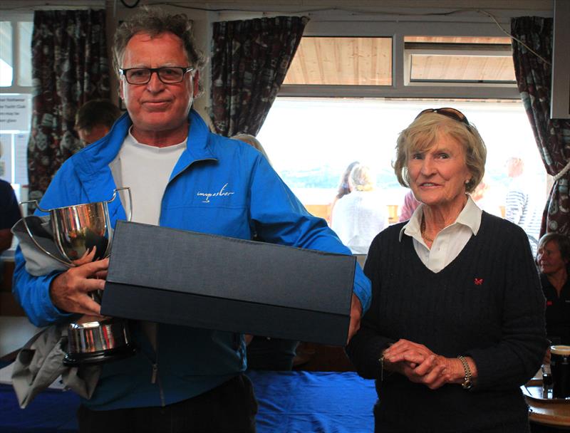 Richard Fildes, Imposter, receives the Kearns Trophy from Pat Kearns at Abersoch Keelboat Week 2014 - photo © Andy Green / www.greenseaphotography.co.uk