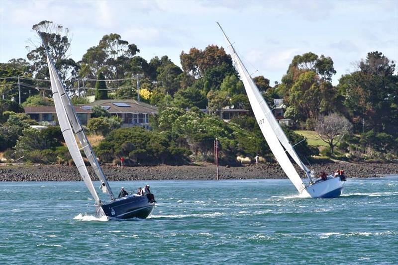 Tilt (Peter Cretan) and Allusive (John Joyce) sailing through the swirling tidal rips of the Tamar River after the start of the National Pies Launceston to Hobart Yacht Race photo copyright Pamela Bonelli taken at Derwent Sailing Squadron and featuring the IRC class
