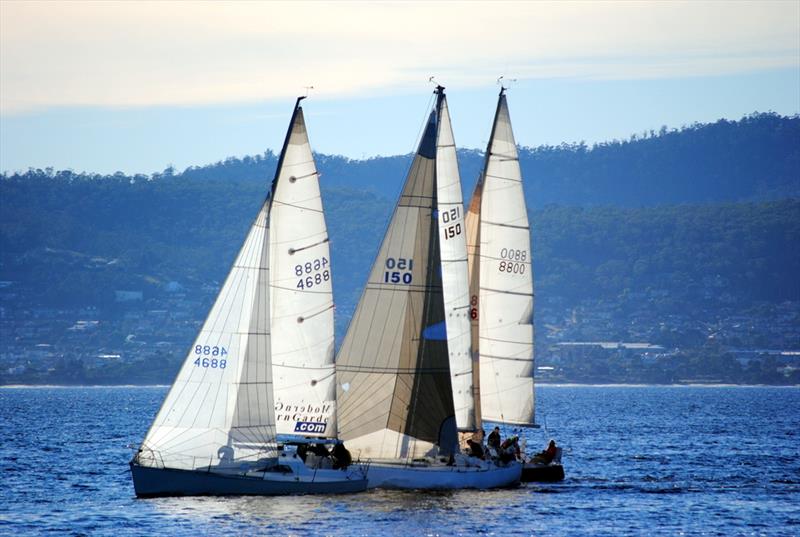 Division 2 winner Vasco leads Hornet and Wildfire around the leeward mark in today's Derwent Sailing Squadron Winter Race on Hobart's River Derwent photo copyright Peter Campbell taken at Derwent Sailing Squadron and featuring the IRC class