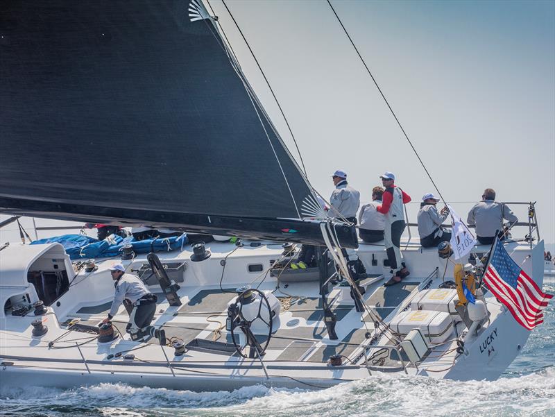 Charlie Enright (red sleeves) and Mark Towill (far left and to leeward) join Lucky for the Transatlantic Race 2015 photo copyright Daniel Forster taken at New York Yacht Club and featuring the IRC class