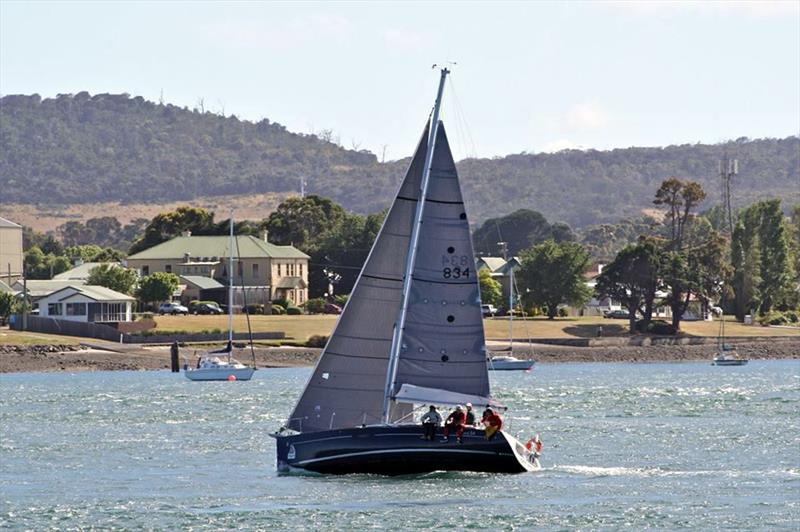 Off-Piste, a Beneteau Oceanis 34, sailing down the Tamar River off George Town at the start of the 2014 Launceston to Hobart race photo copyright Dane Lojek taken at Derwent Sailing Squadron and featuring the IRC class