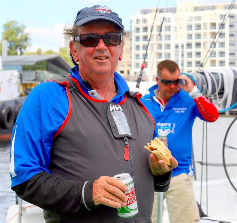 Gary Smith celebrates his win with a cold beer and a hot pie in the Launceston to Hobart Yacht Race photo copyright Sam Tiedemann taken at Derwent Sailing Squadron and featuring the IRC class