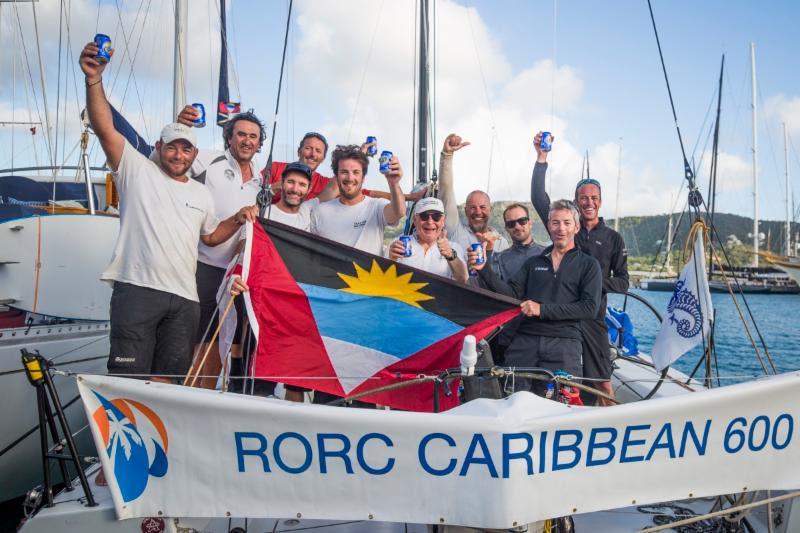 A jubilant crew on Eric de Turckheim's A13, Teasing Machine as they celebrate their IRC One class win and third place overall in the RORC Caribbean 600 in Antigua, February 2016 - photo © ELWJ Photography