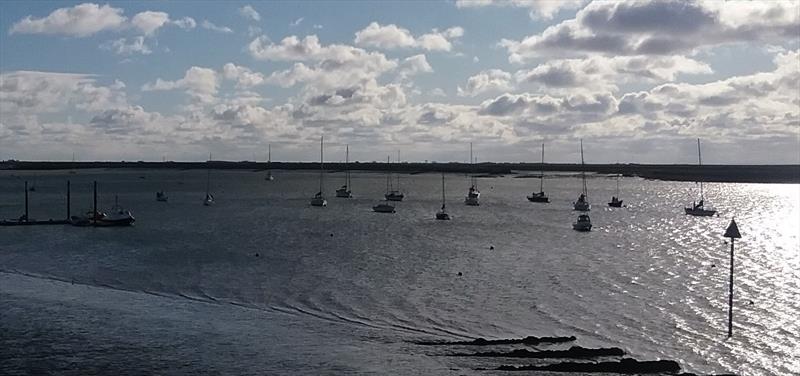 The fleet off the war memorial observing silence during the Peter Cashel Memorial Trophy photo copyright Sally Harbott taken at Crouch Yacht Club and featuring the IRC class