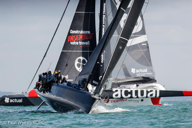 Eric de Turckheim's NMYD54 Teasing Machine and Ultim Actual cross tacks at the start of the 2021 Cowes-Dinard-St Malo Race photo copyright Paul Wyeth / RORC taken at Royal Ocean Racing Club and featuring the IRC class