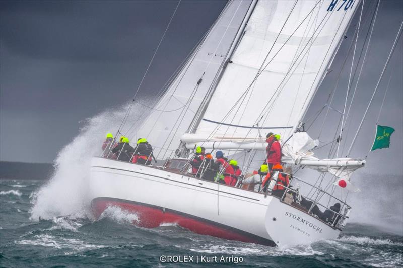 The classic 74ft 1961 ketch Stormvogel, skippered by Graeme Henry, smashes to windward after the start of the Rolex Fastnet Race photo copyright Kurt Arrigo / Rolex taken at Royal Ocean Racing Club and featuring the IRC class