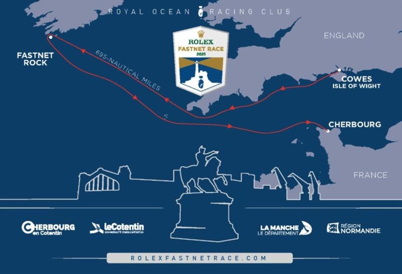 The route of the 2021 Rolex Fastnet Race from Cowes to Cherbourg-en-Cotentin via the Fastnet Rock - 695nm photo copyright RORC taken at Royal Ocean Racing Club and featuring the IRC class