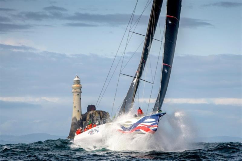 Wizard - 2019 Rolex Fastnet Race winner launches off a wave shortly after passing he Fastnet Rock and heading to the finish photo copyright Kurt Arrigo / Rolex taken at Royal Ocean Racing Club and featuring the IRC class