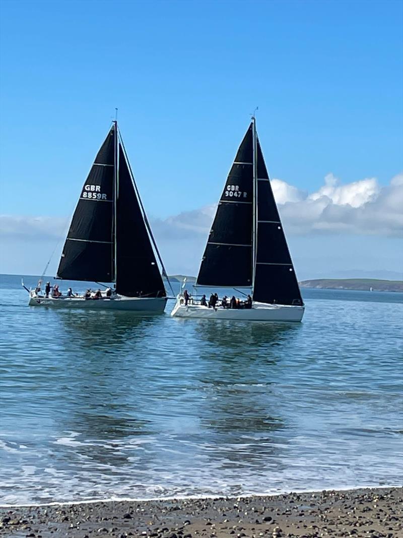 Mojito and Jackknife heading for the first mark during the ISORA 2023 Welsh Coastal Race in Pwllheli  photo copyright Karen Cartwright taken at Pwllheli Sailing Club and featuring the IRC class