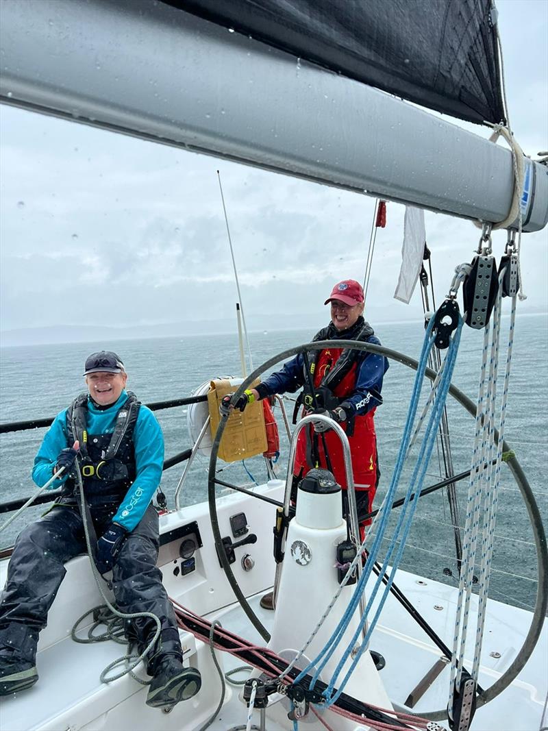 Vice commodore Lyndsay Harrold and Rear commodore Vicky Cox on Mojito during the heavy rain storm photo copyright Peter Dunlop taken at Pwllheli Sailing Club and featuring the IRC class