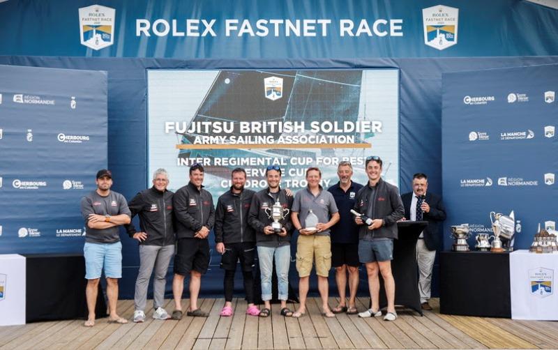 Sun Fast 3600 Fujitsu British Soldier skippered by Major Henry Foster were awarded the Inter Regimental Cup for Best Service Yacht Overall and the Culdrose Trophy for Best IRC Services Yacht round the Fastnet Rock on corrected time photo copyright Paul Wyeth / pwpictures.com taken at Royal Ocean Racing Club and featuring the IRC class
