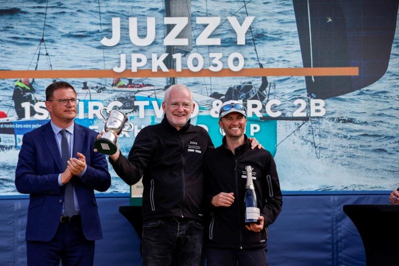Mairie de Cherbourg-en-Cotentin Benoît Arrivé presents the winners of IRC Two -Thomas Bonnier and David Prono - JPK 1030 Juzzy - with the Foxhound Cup for their class win photo copyright Paul Wyeth / pwpictures.com taken at Royal Ocean Racing Club and featuring the IRC class