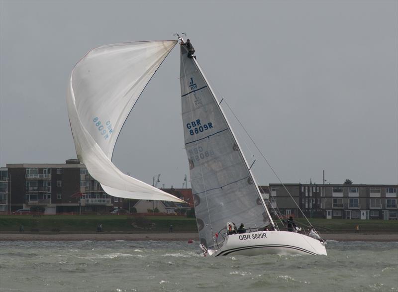 Inspara tries to free the spinnaker halyard on day 6 of the Brooks Macdonald Warsash Spring Series photo copyright Iain McLuckie taken at Warsash Sailing Club and featuring the J109 class